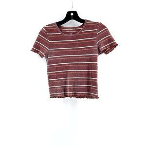 American Eagle Women's Short Sleeve Brown Striped Crop Shirt Top Size Small